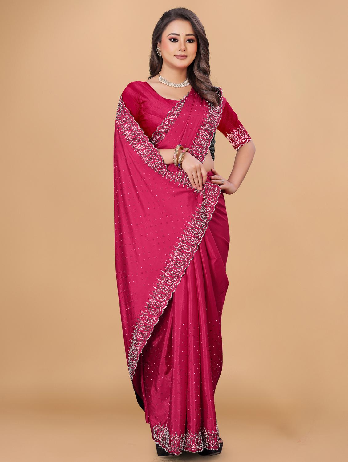 women solid with work embellished saree with blouse - 22059811 - Standard Image - 2