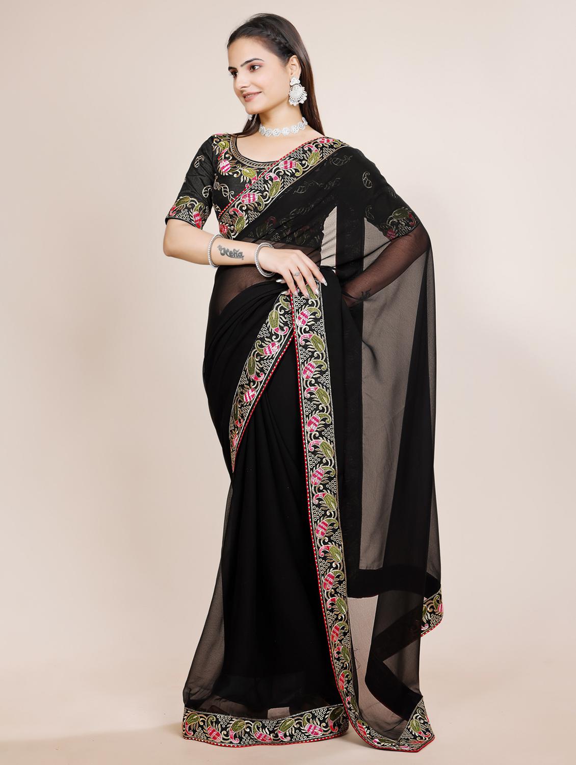 women solid with bordered saree with blouse - 22059890 - Standard Image - 2