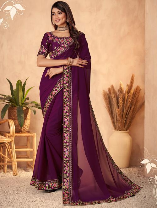 women solid with bordered saree with blouse - 22059933 - Standard Image - 0