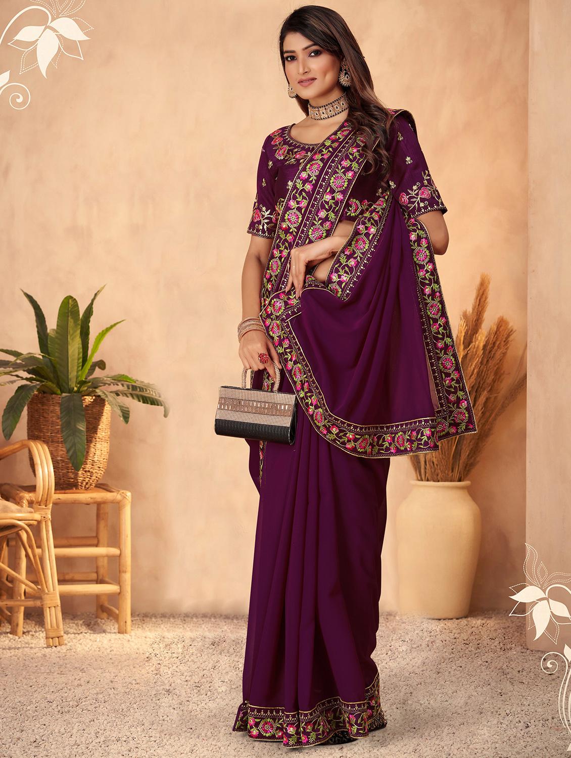 women solid with bordered saree with blouse - 22059933 - Standard Image - 2