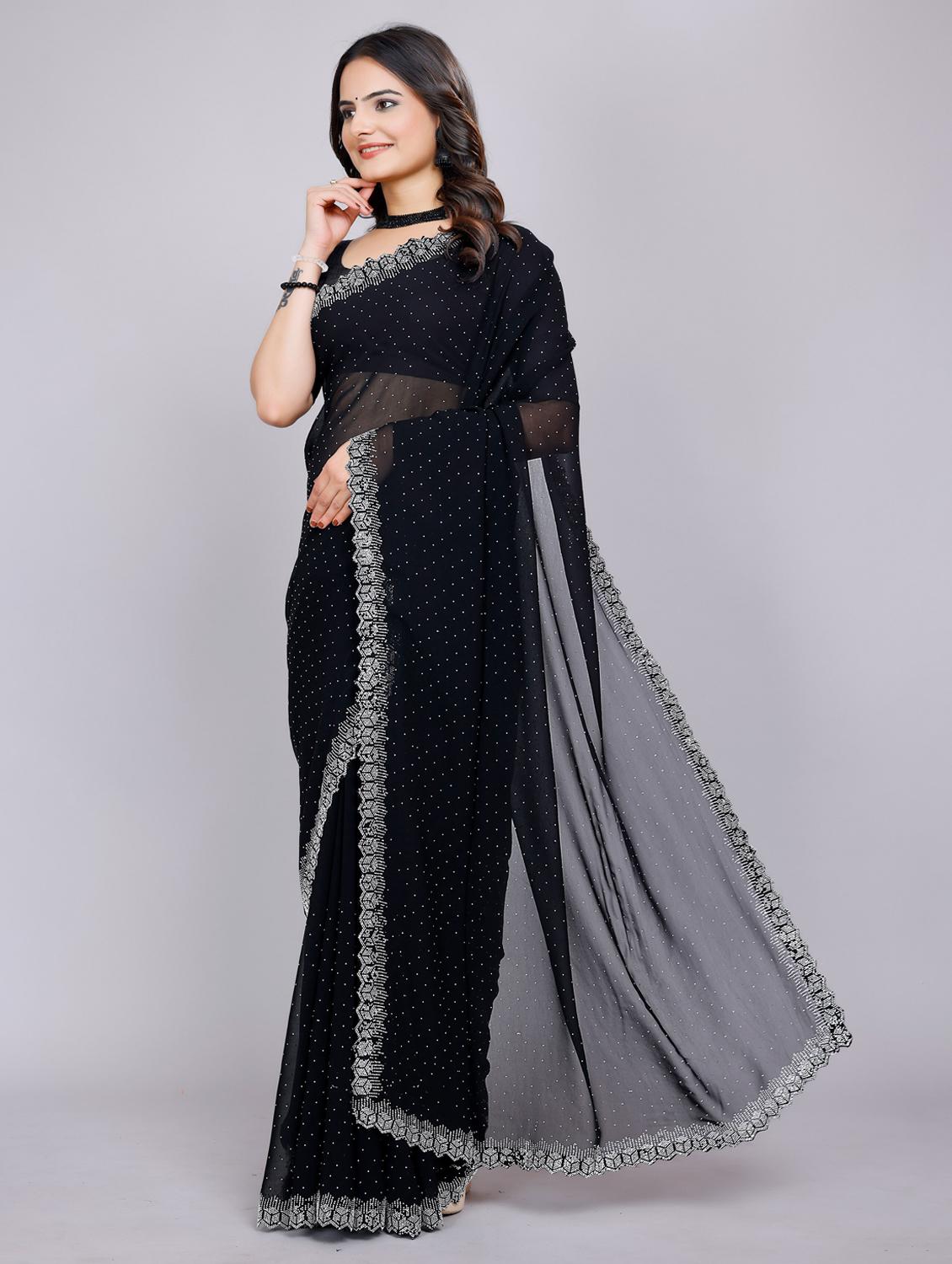 women solid with work embellished saree with blouse - 22059980 - Standard Image - 2