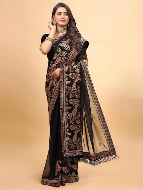 women solid with work embroidered saree with blouse - 22060066 - Standard Image - 0