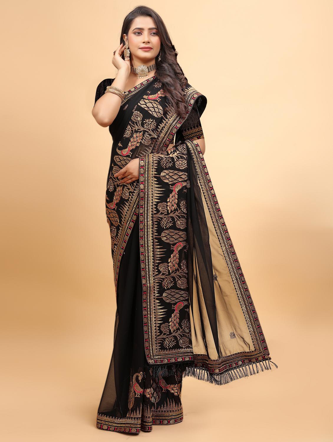 women solid with work embroidered saree with blouse - 22060066 - Zoom Image - 0