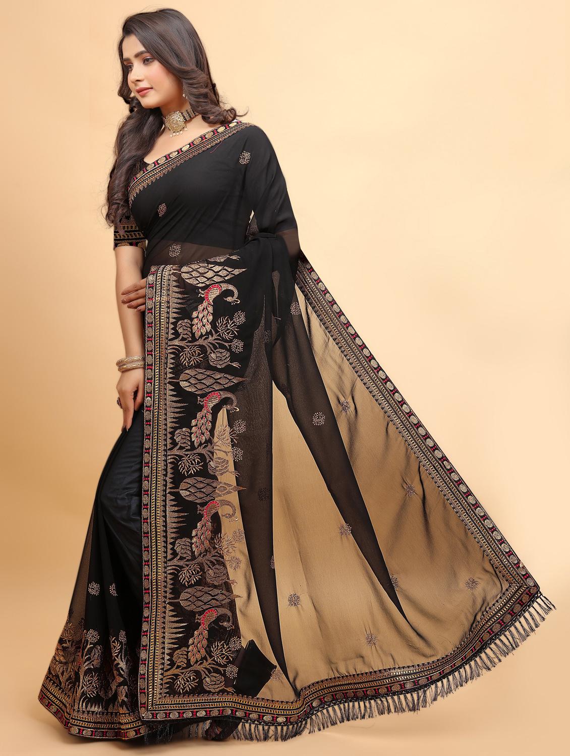 women solid with work embroidered saree with blouse - 22060066 - Standard Image - 2