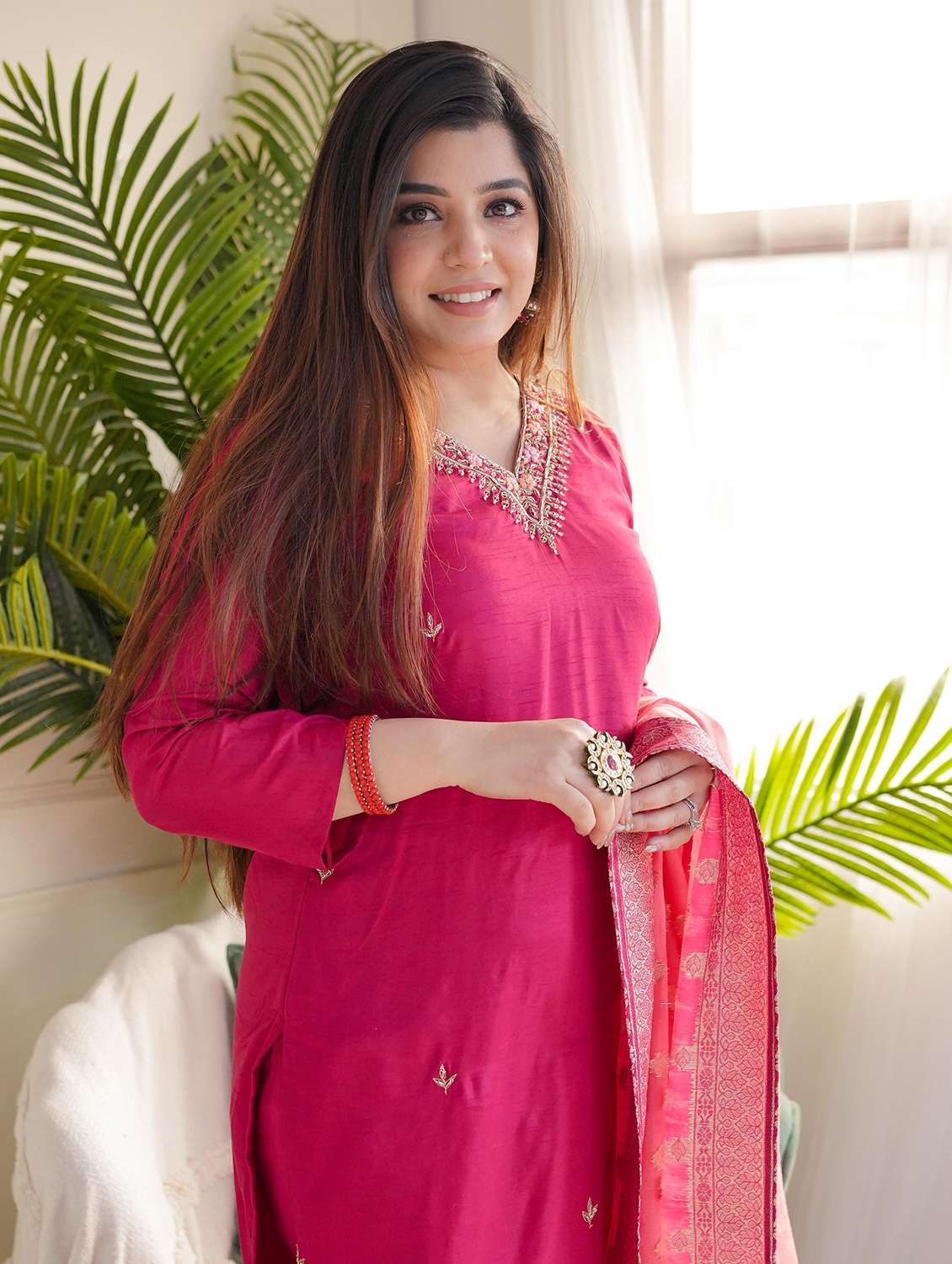 women three quarter sleeve kurta pant with dupatta set - 22060169 - Standard Image - 2