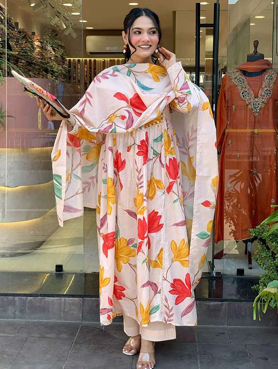 women floral long sleeve kurta pant with dupatta set