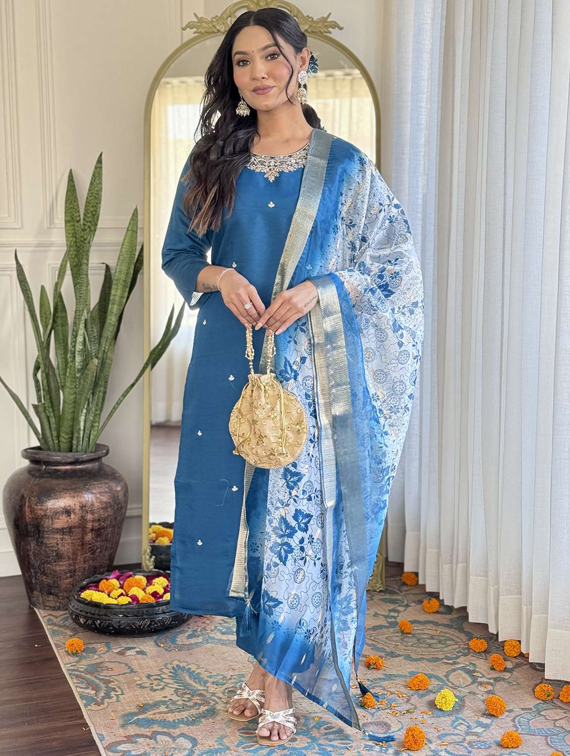 women three quarter sleeve kurta pant with dupatta set - 22060184 - Standard Image - 2