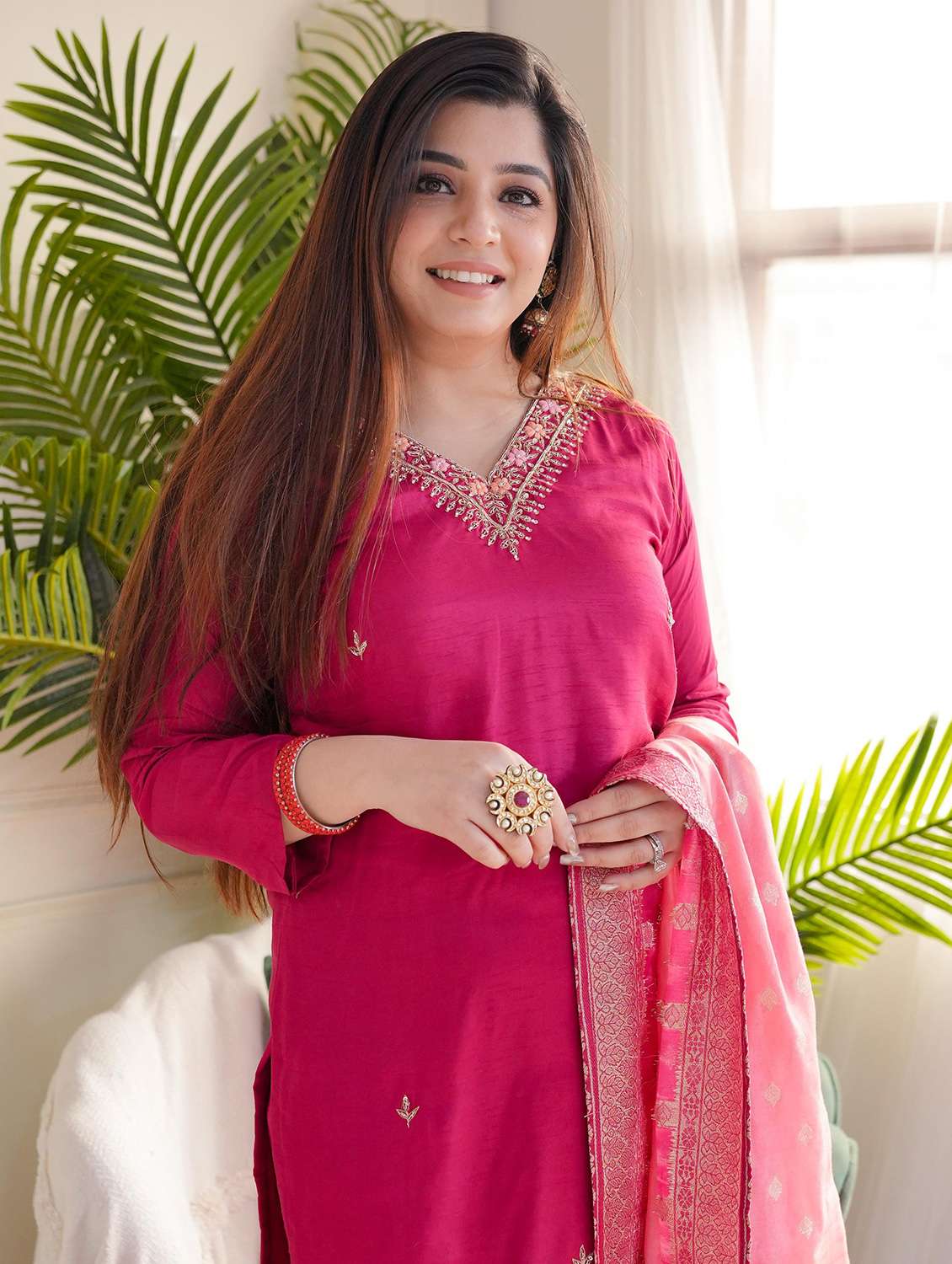 women three quarter sleeve kurta pant with dupatta set - 22060195 - Standard Image - 2
