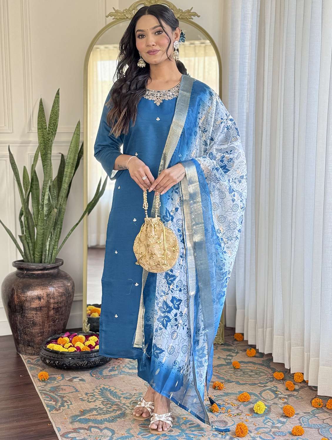 women three quarter sleeve kurta pant with dupatta set