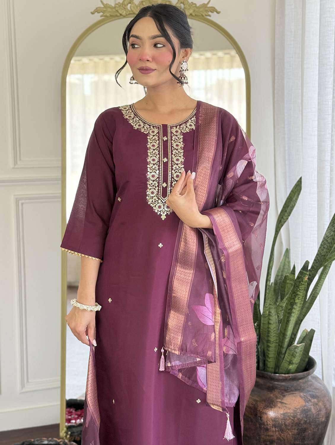 women three quarter sleeve kurta pant with dupatta set - 22060205 - Standard Image - 2