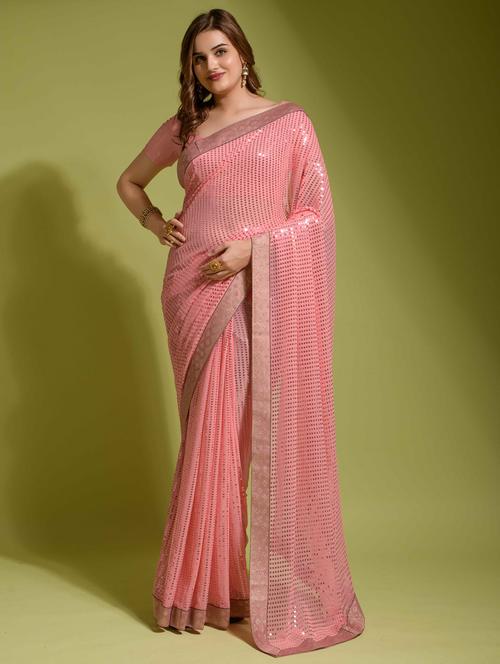 women solid with work embellished saree with blouse - 22060250 - Standard Image - 0