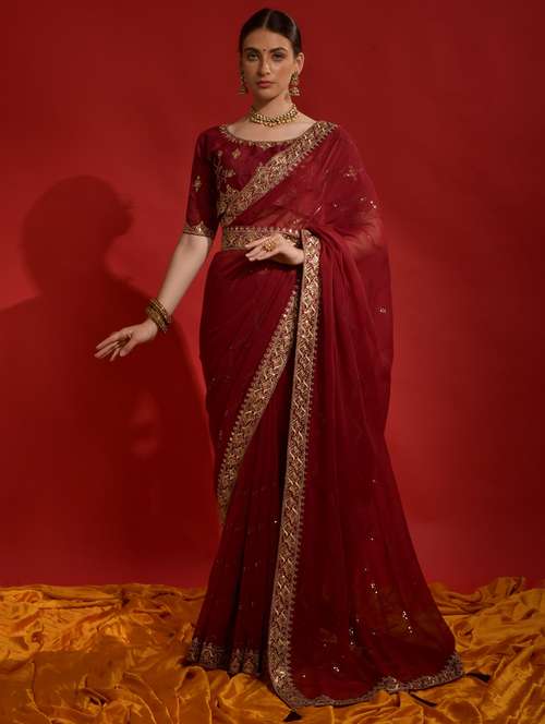 women solid with work embroidered saree with blouse - 22060533 - Standard Image - 0