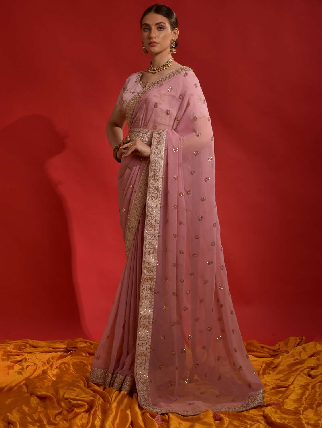Women Solid With Work Embroidered Saree With Blouse - 22060535 -  Standard Image - 2
