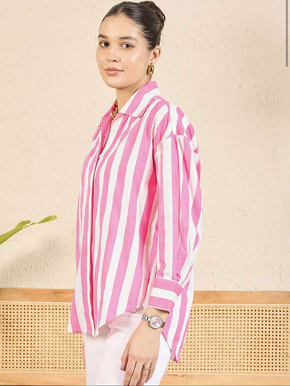 women striped collared long sleeve relaxed fit shirt - 22060546 - Standard Image - 2