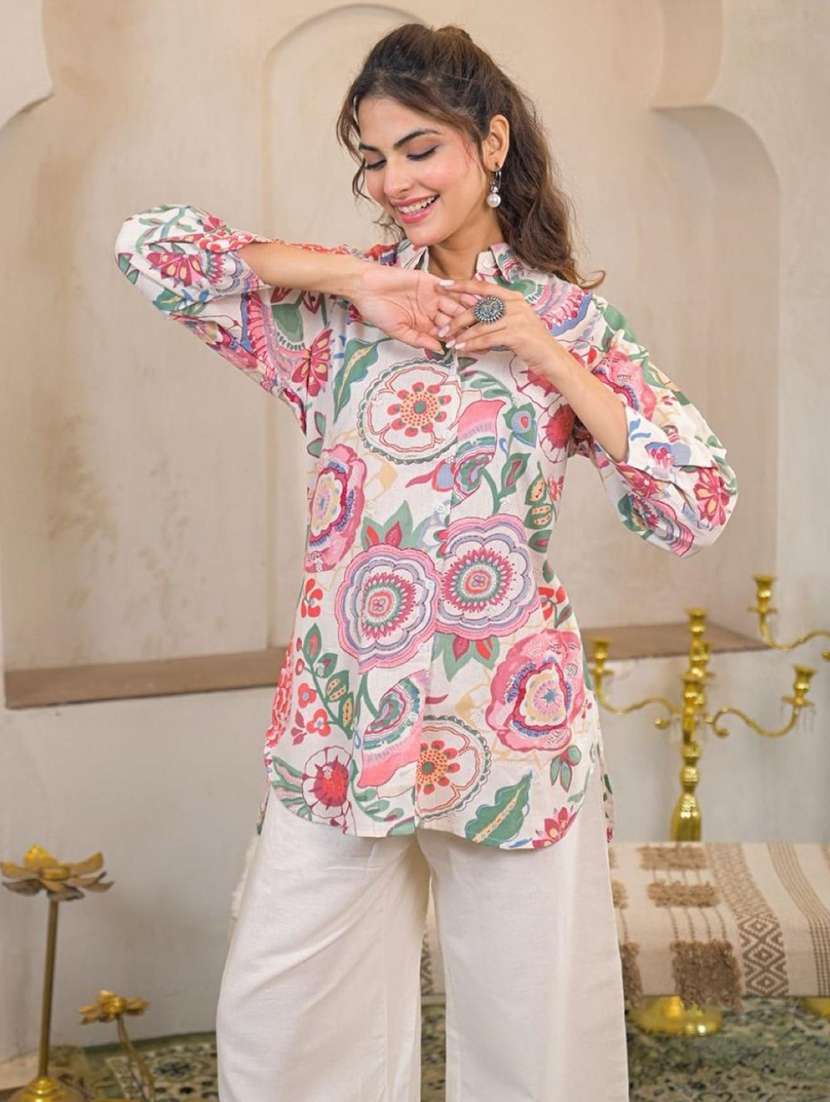 women three quarter sleeve regular fit ethnic co-ord set - 22060581 - Standard Image - 2