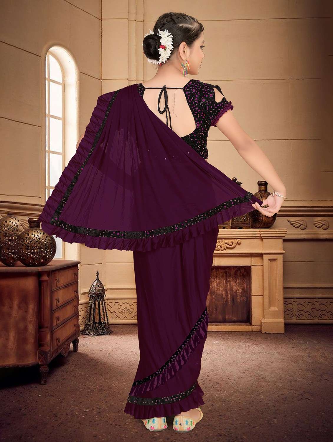 girls embellished ready to wear ruffle saree - 22060591 - Standard Image - 2