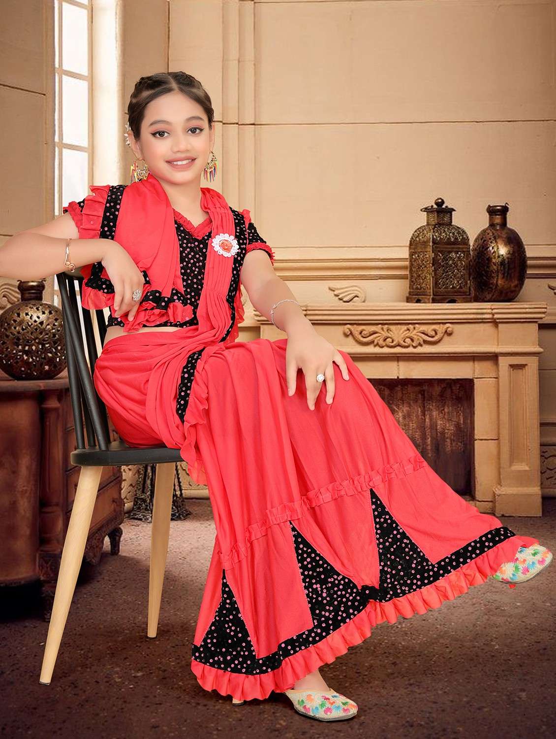 girls embellished ready to wear ruffle saree - 22060593 - Standard Image - 2