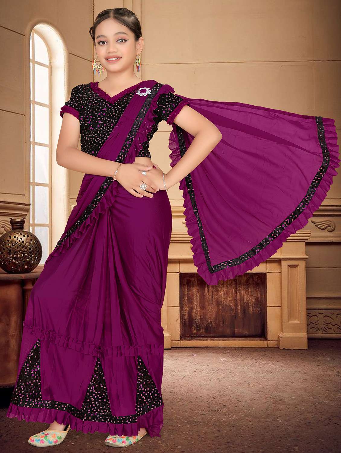 girls embellished ready to wear ruffle saree