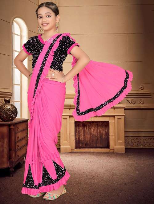 girls embellished ready to wear ruffle saree - 22060598 - Standard Image - 0