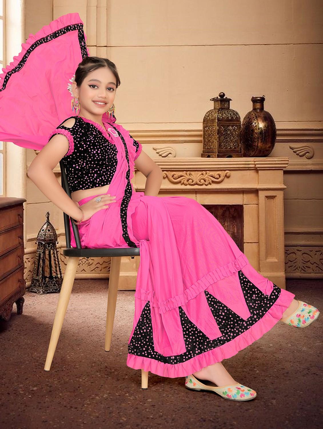 girls embellished ready to wear ruffle saree - 22060598 - Standard Image - 2