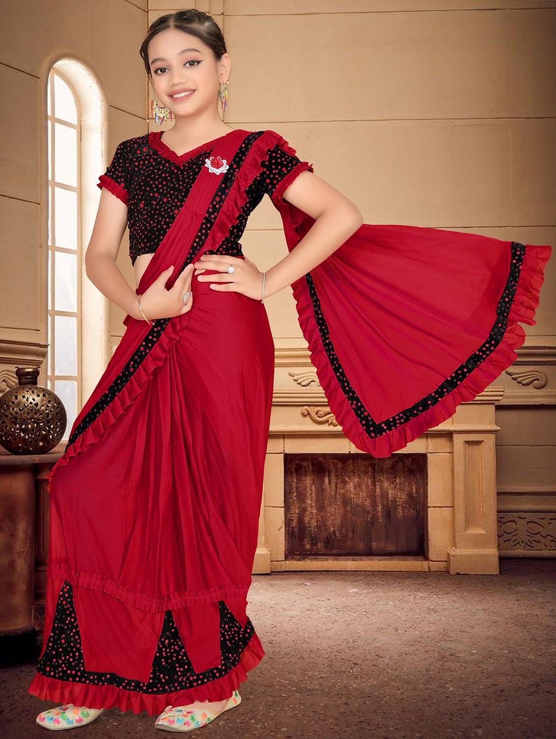 girls embellished ready to wear ruffle saree