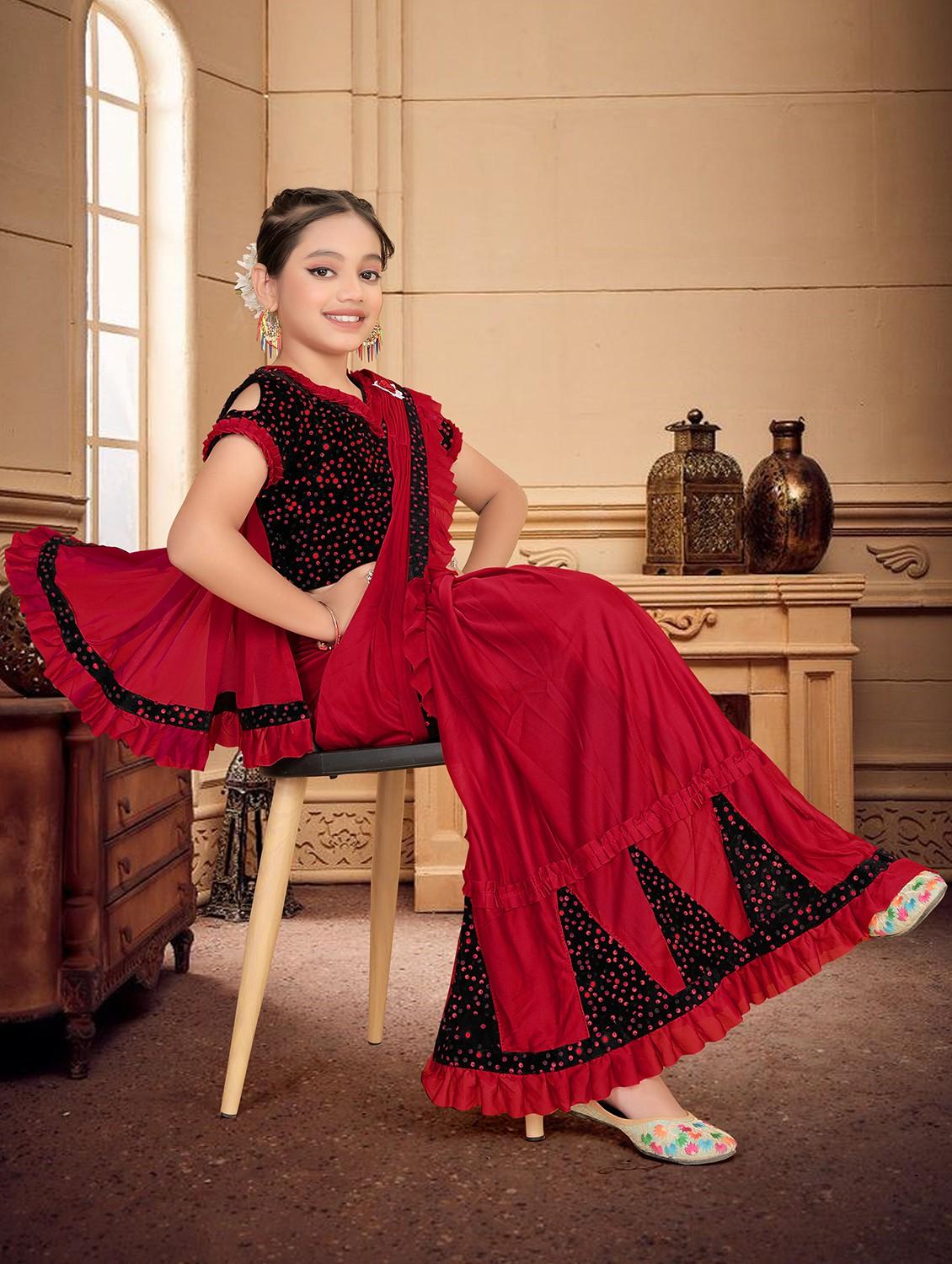 girls embellished ready to wear ruffle saree - 22060599 - Standard Image - 2