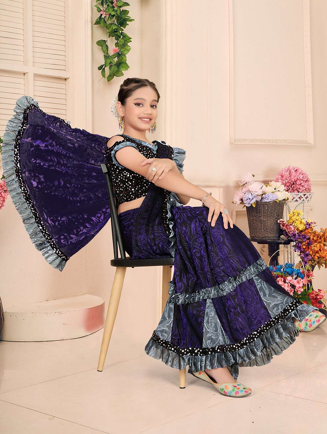 girls embellished ready to wear ruffle saree - 22060601 -  Zoom Image - 0
