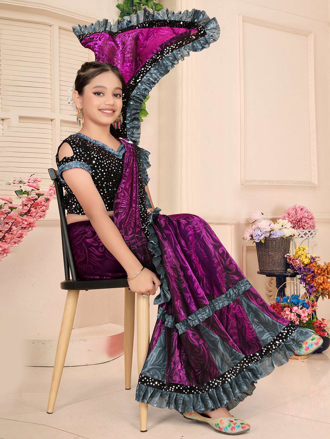 girls embellished ready to wear ruffle saree - 22060602 -  Standard Image - 2