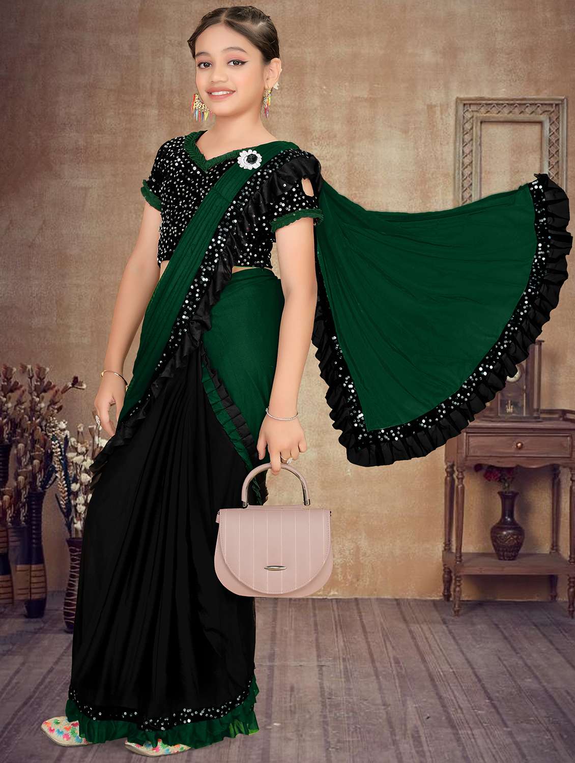 girls embellished ready to wear ruffle saree