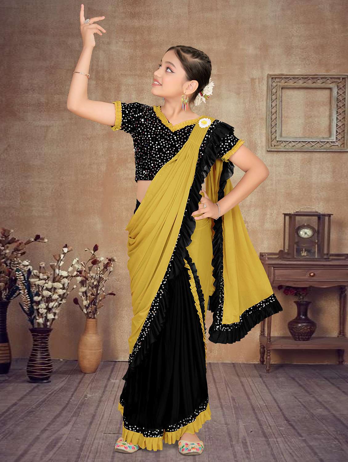 girls embellished ready to wear ruffle saree