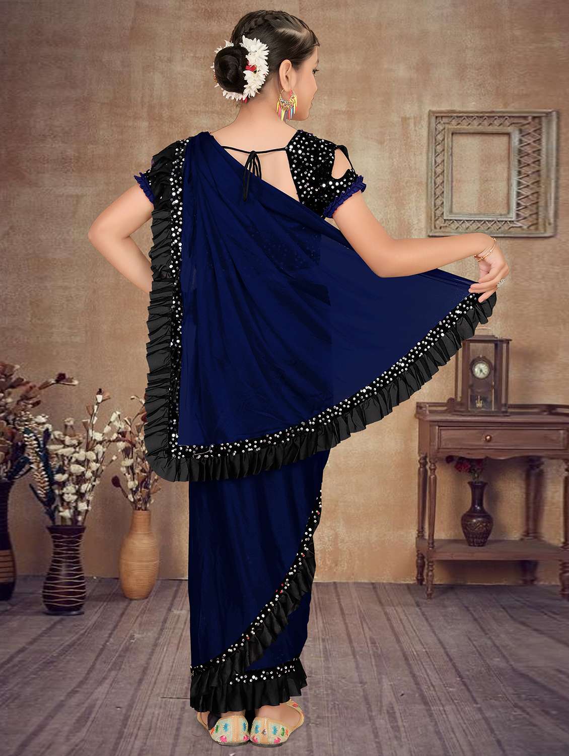 girls embellished ready to wear ruffle saree - 22060608 - Standard Image - 2