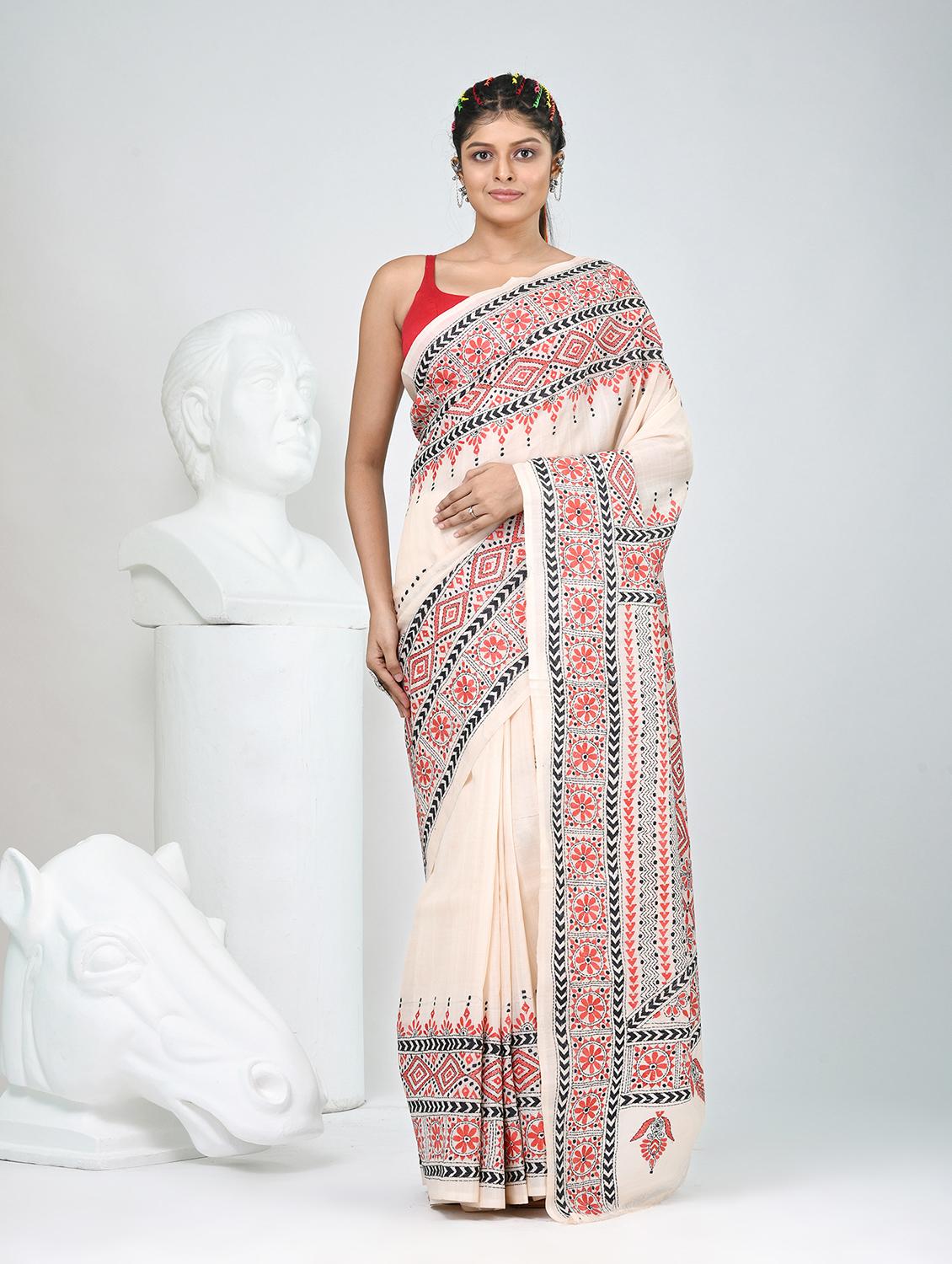 women solid with work handloom saree with blouse - 22060722 - Zoom Image - 0