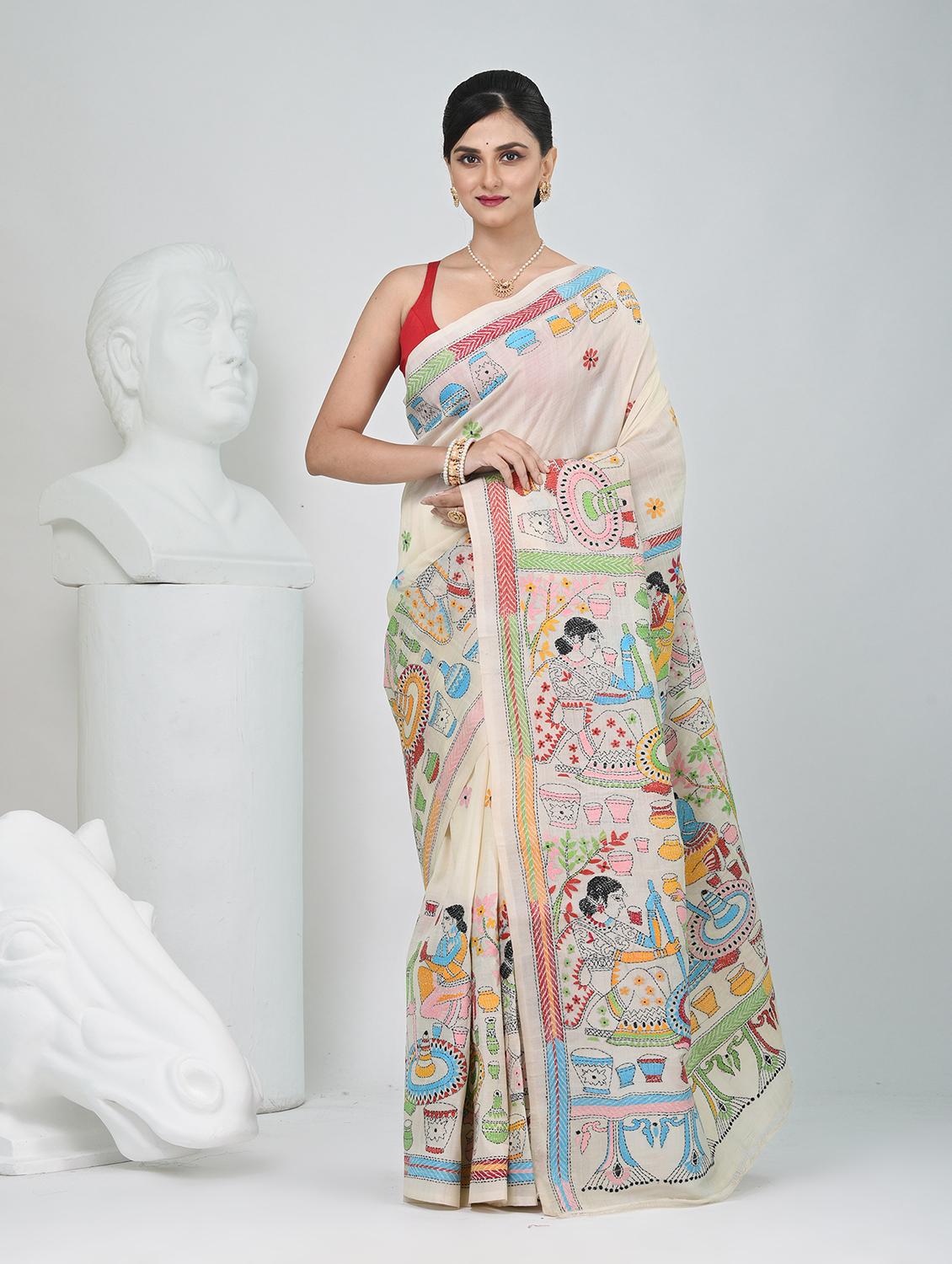 women solid with work handloom saree with blouse - 22060725 - Zoom Image - 0