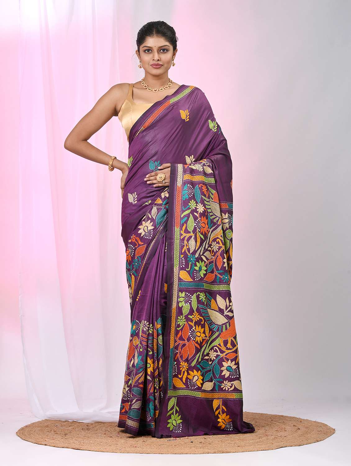 women solid with work handloom saree with blouse