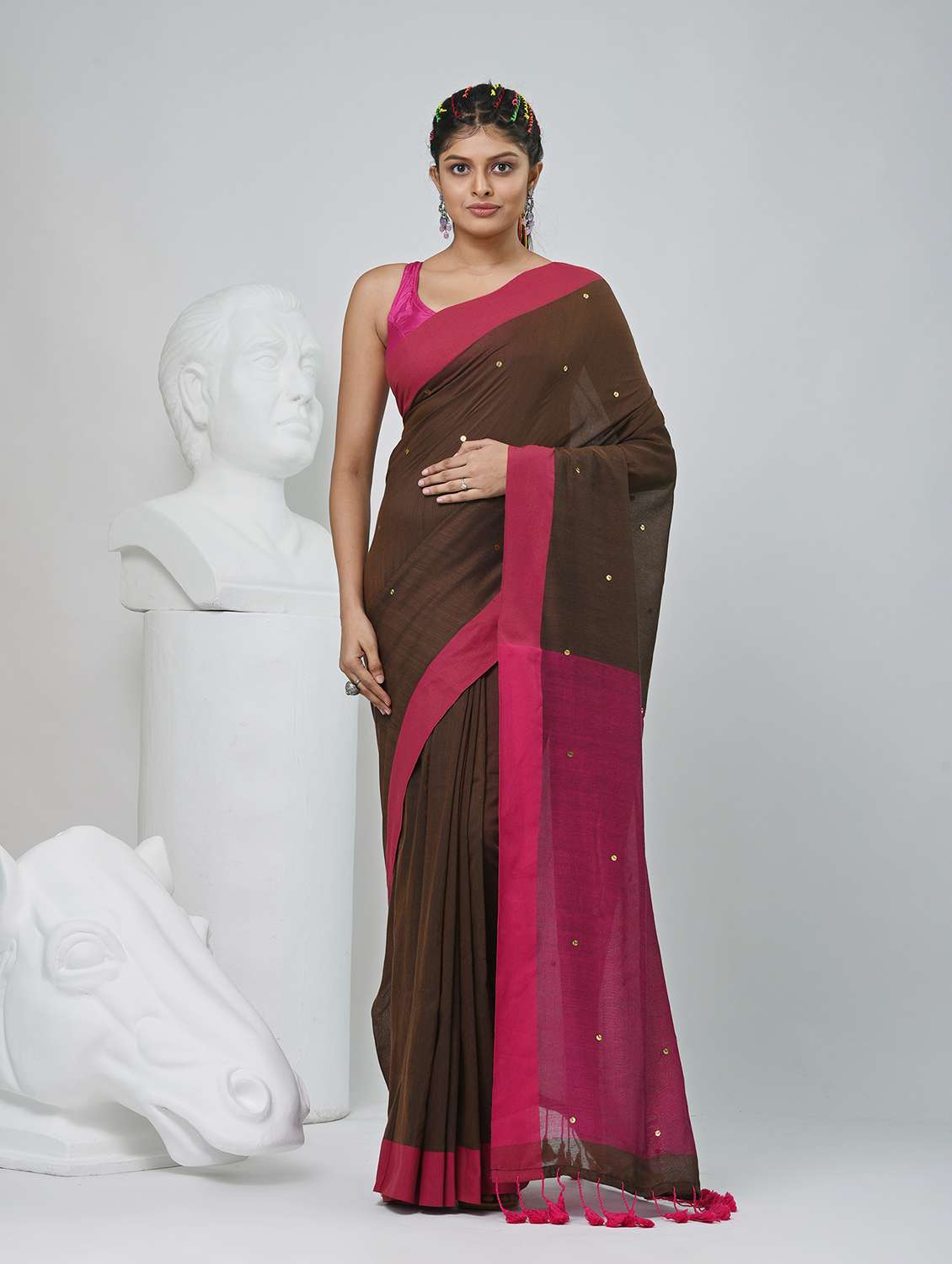 women brown handloom saree with blouse