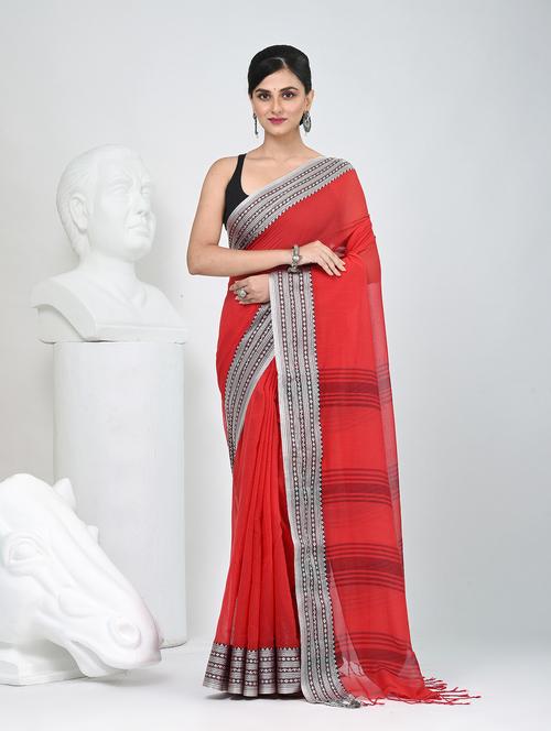 women solid with bordered handloom saree with blouse - 22060841 - Standard Image - 0