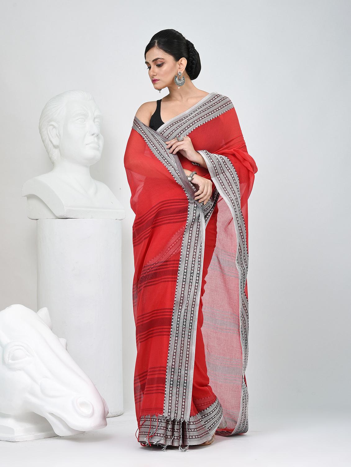 women solid with bordered handloom saree with blouse - 22060841 - Standard Image - 2