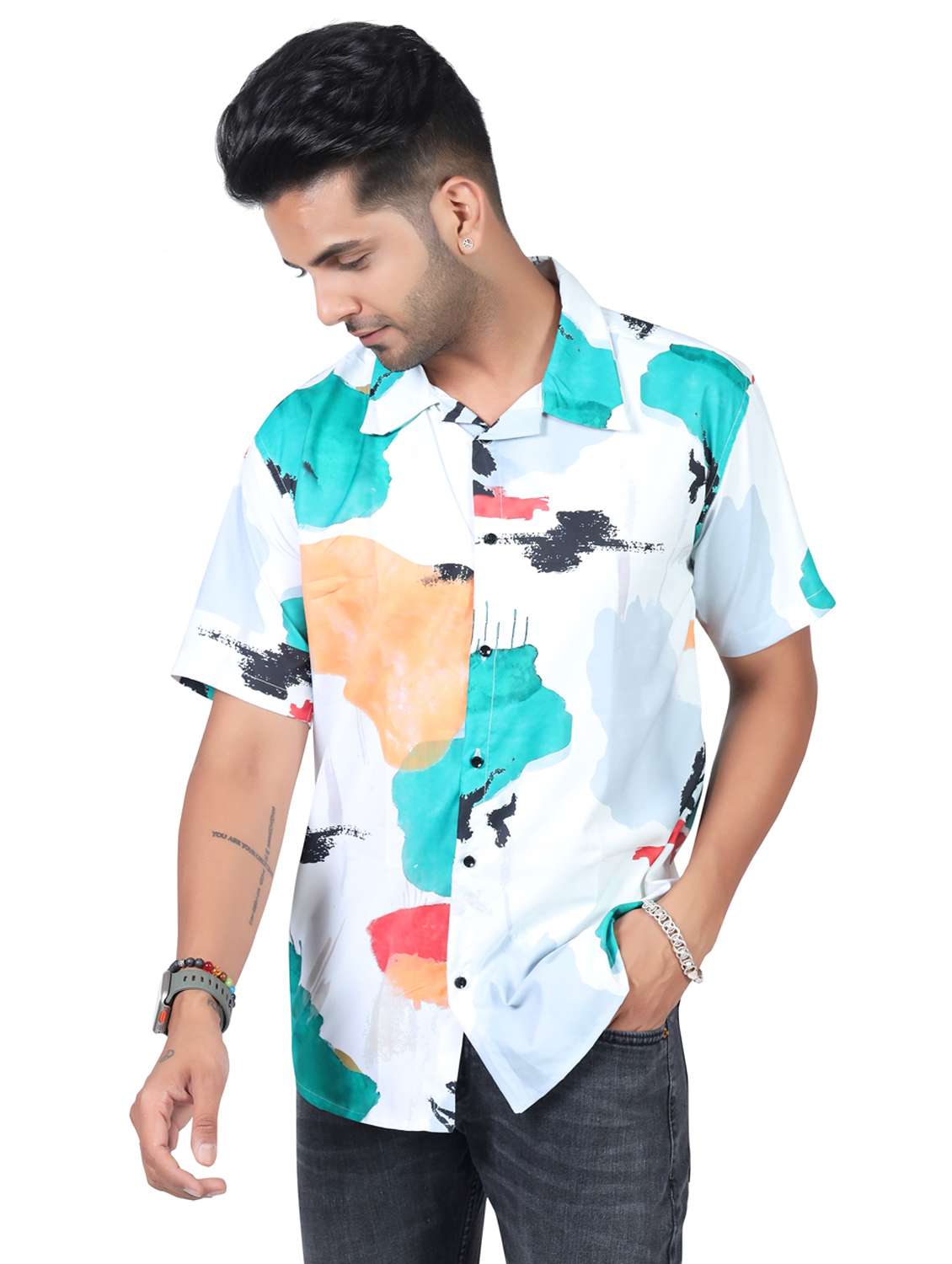 men printed collared short sleeve regular fit shirt - 22060958 -  Standard Image - 2