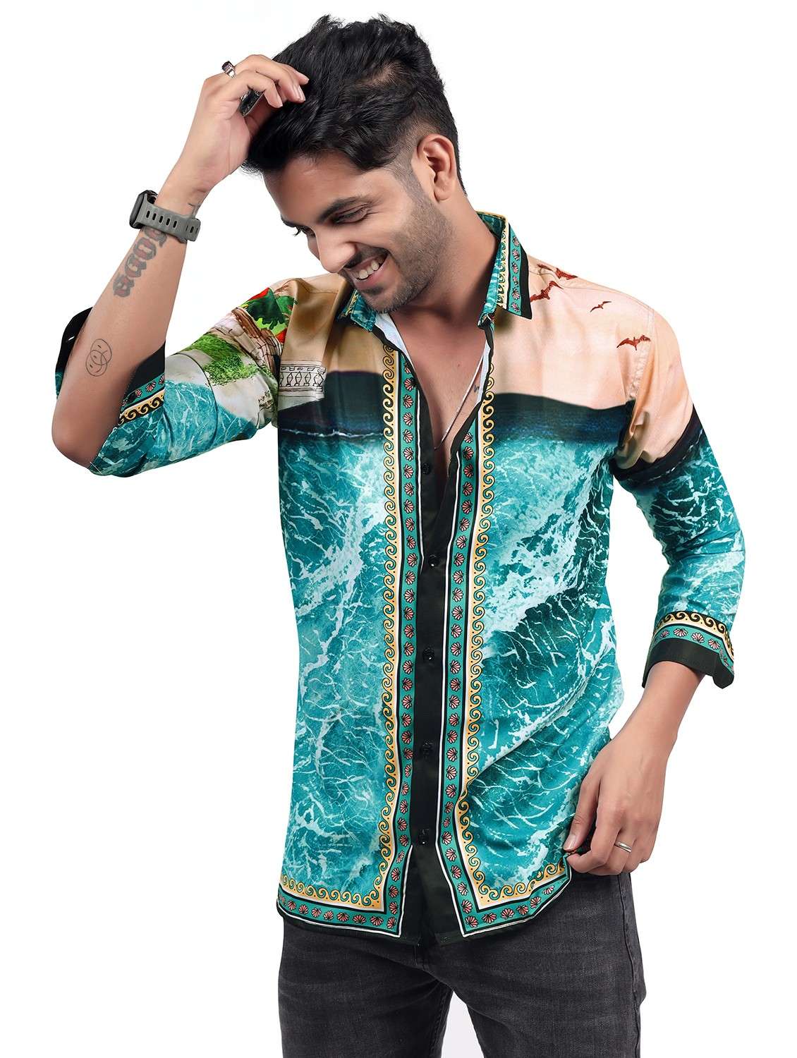 men printed collared long sleeve regular fit shirt - 22061176 - Zoom Image - 0