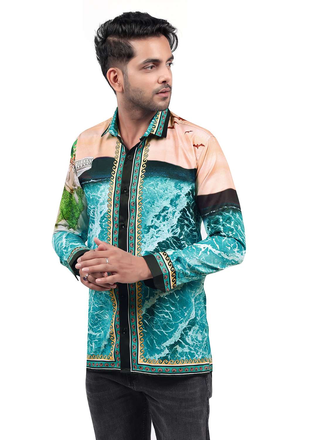 men printed collared long sleeve regular fit shirt - 22061176 - Standard Image - 2