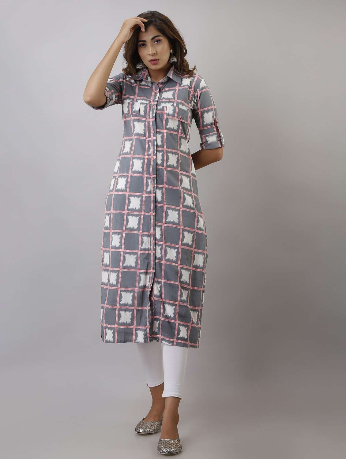 women printed collared roll-up sleeve kurta