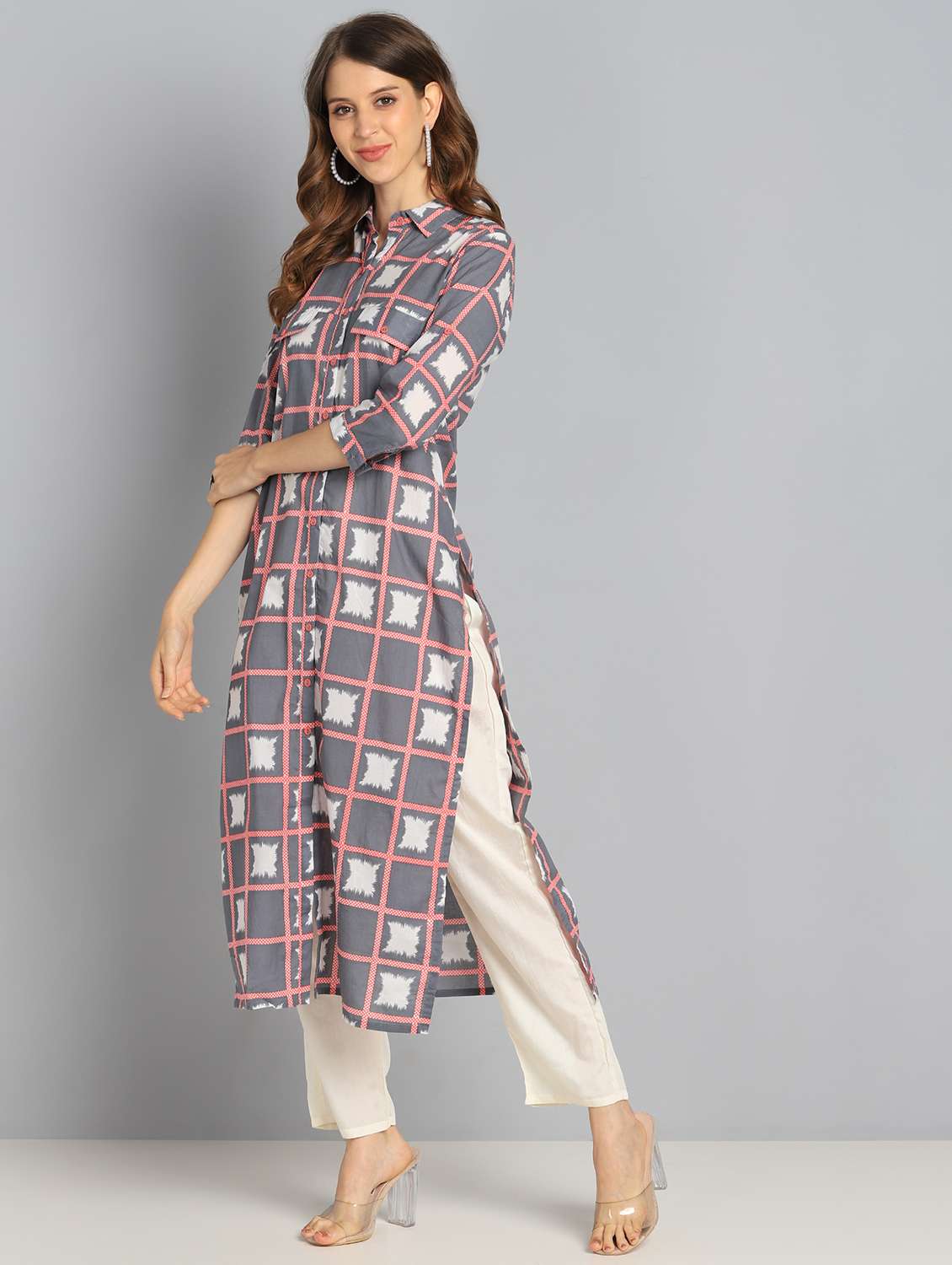 women printed collared roll-up sleeve kurta - 22061334 - Standard Image - 2