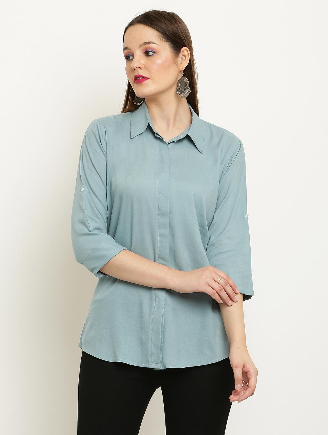 women solid collared three quarter sleeve shirt - 22061348 - Zoom Image - 0
