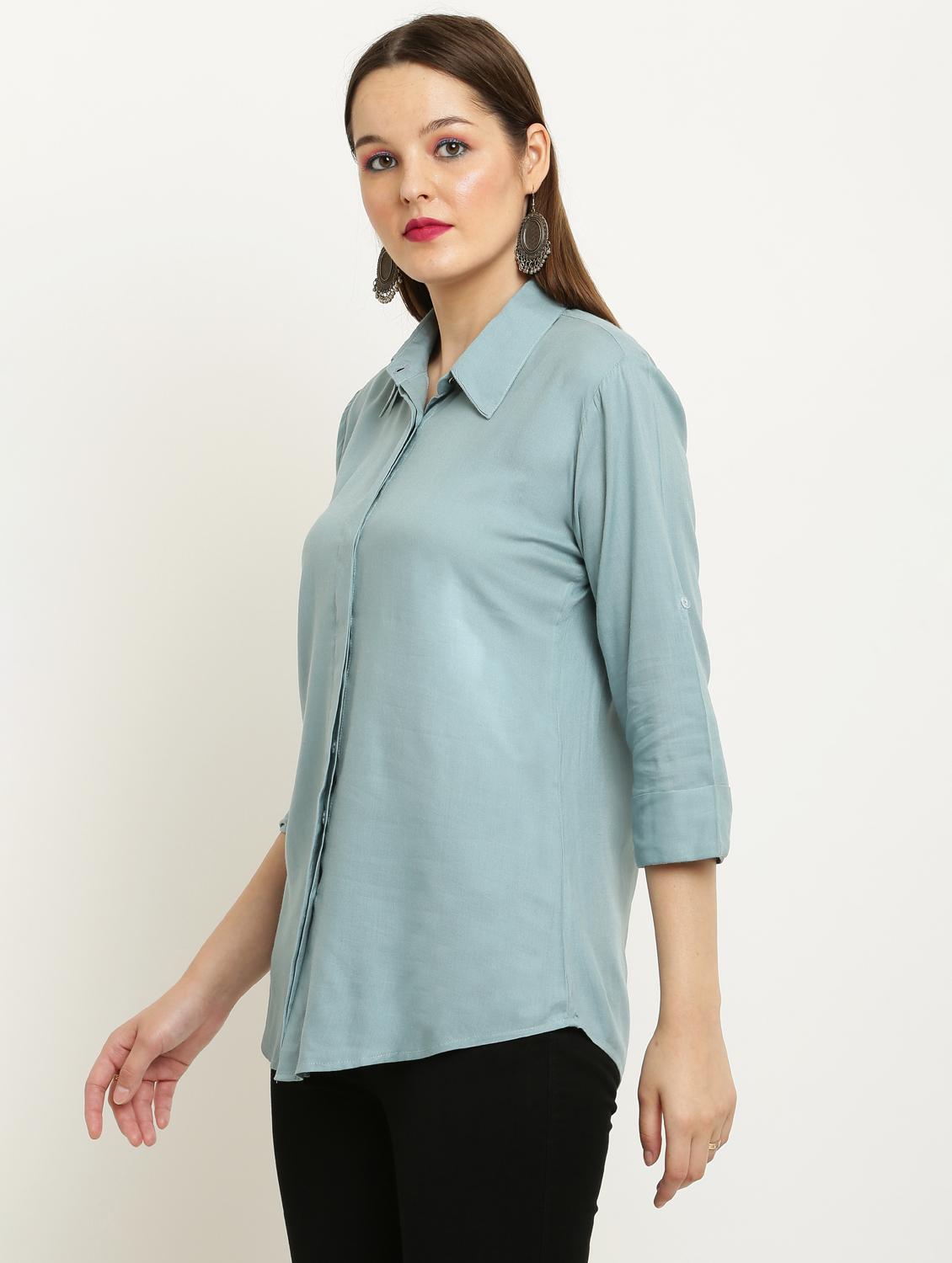 women solid collared three quarter sleeve shirt - 22061348 - Standard Image - 2