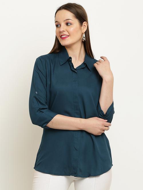 women solid collared three quarter sleeve shirt - 22061349 - Standard Image - 0