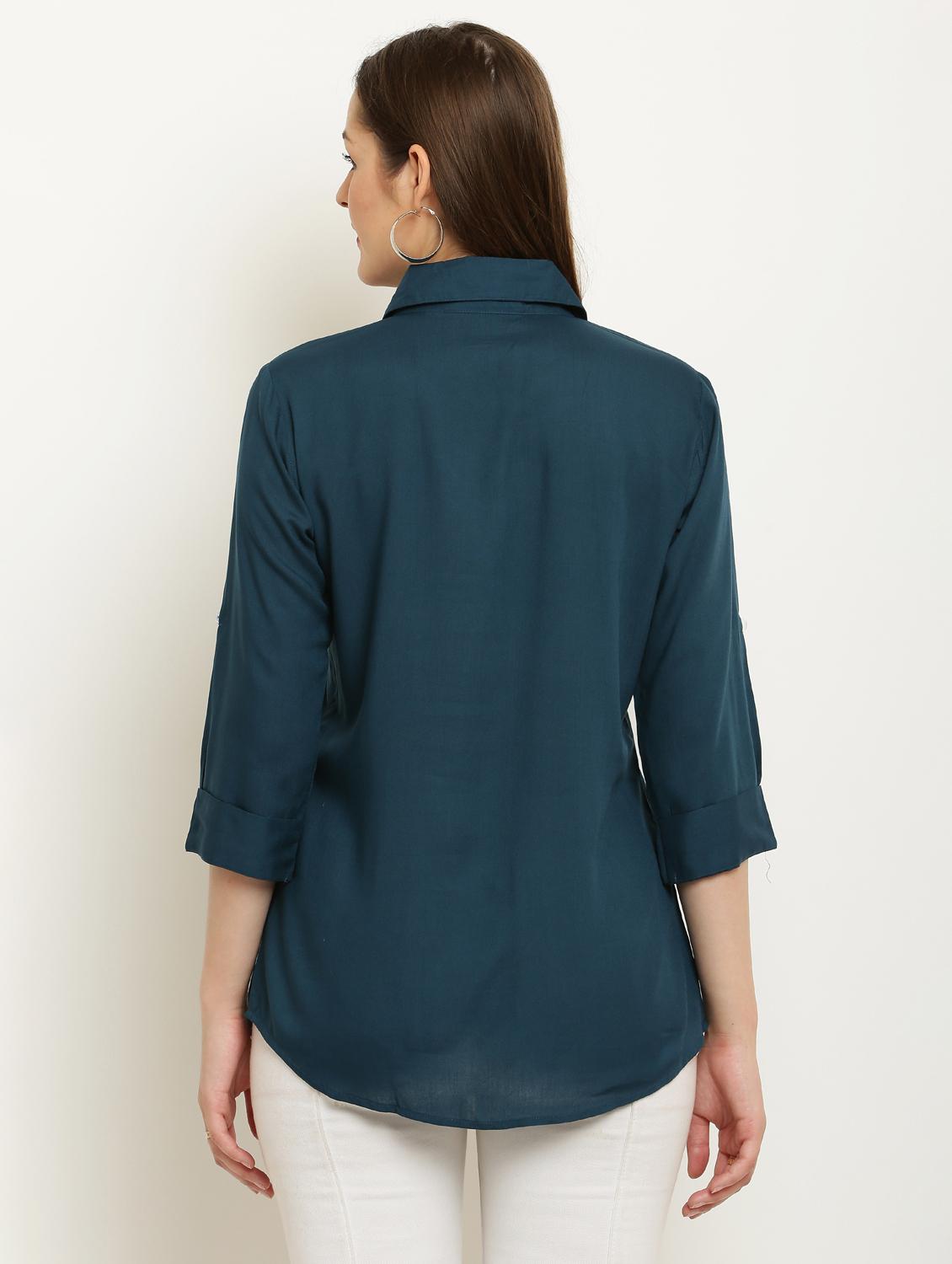 women solid collared three quarter sleeve shirt - 22061349 - Standard Image - 2
