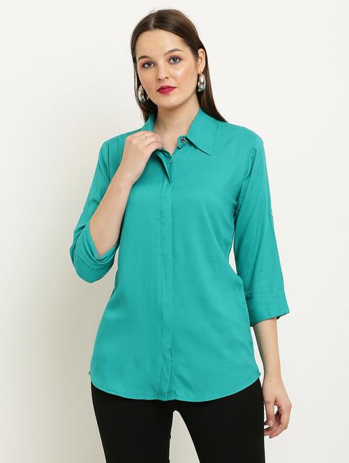 women solid collared three quarter sleeve shirt - 22061350 - Standard Image - 0