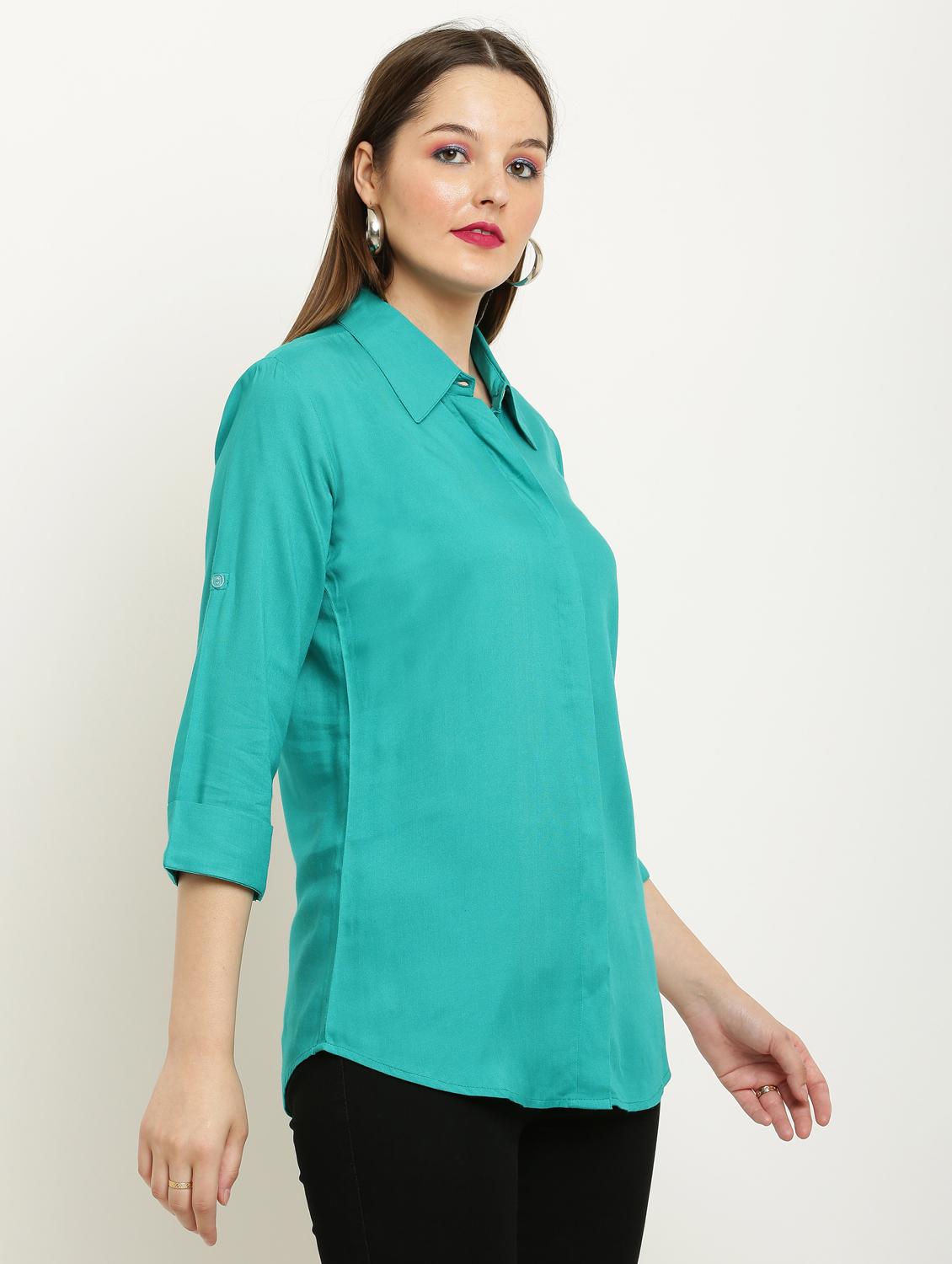 women solid collared three quarter sleeve shirt - 22061350 - Standard Image - 2