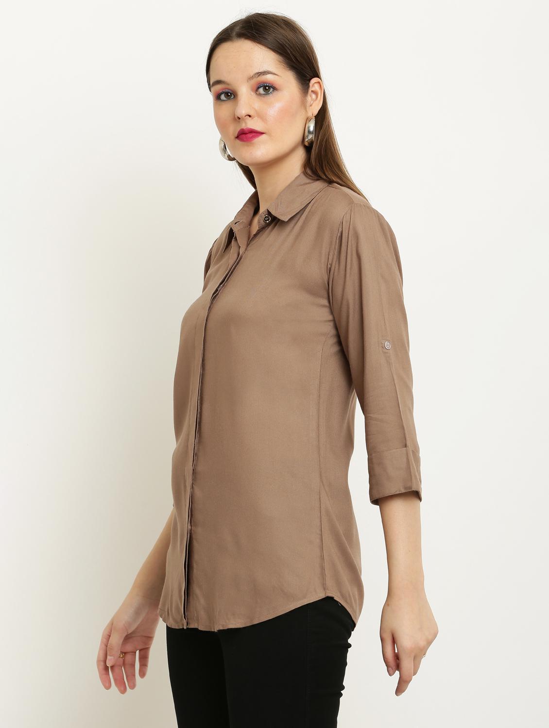 women solid collared three quarter sleeve shirt - 22061351 - Standard Image - 2