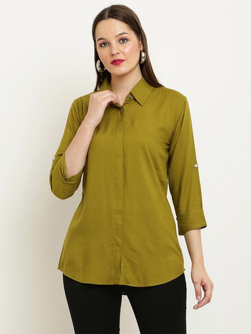 women solid collared three quarter sleeve shirt - 22061353 -  Standard Image - 0